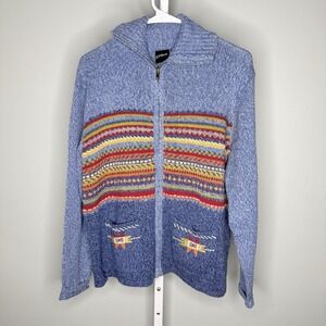 Erika Cottage Core Sweater Size Large Blue with Stripes Zip Up Front